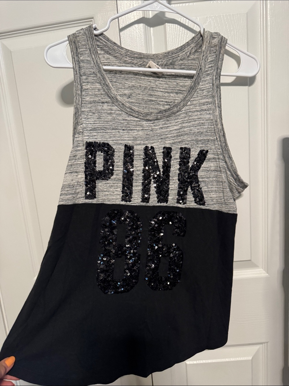 PINK Victoria's Secret Gray & Black Sequin Graphic Tank